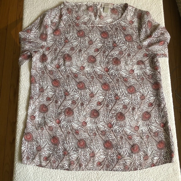 LOFT Peacock Feather Pattern Blouse Pink Tan - Size Large - Picture 13 of 16